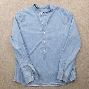 3x1 Shirt Mens Large Blue Denim Band Collar Button Front Long Sleeve Casual